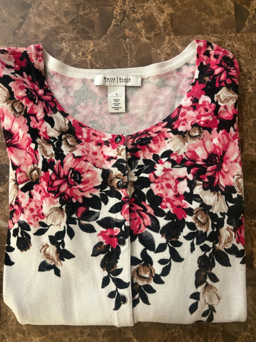 White House Black Market Pink Black Cream Floral Cardigan